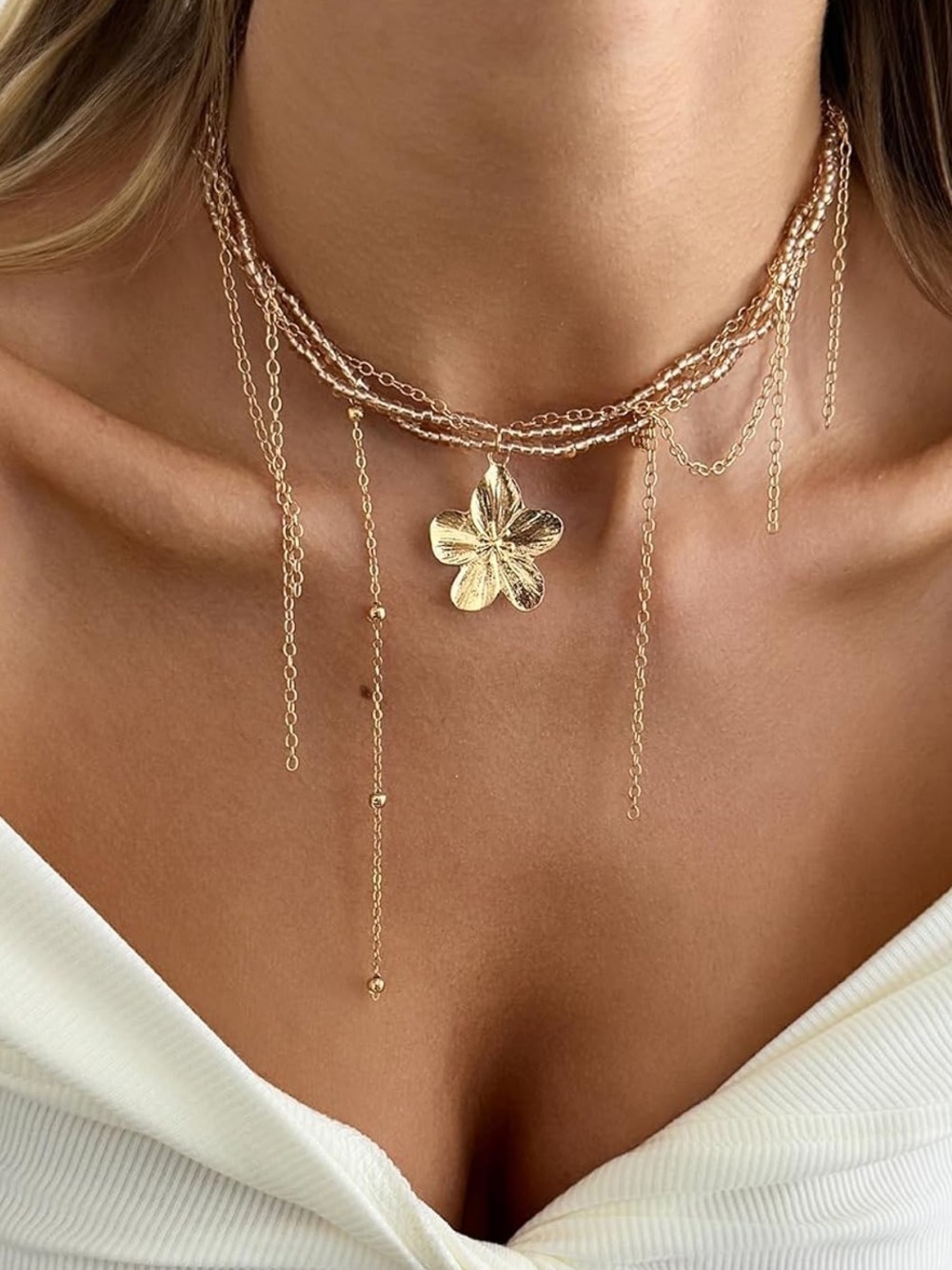 Gold Floral Multi-Strand Choker Necklace
